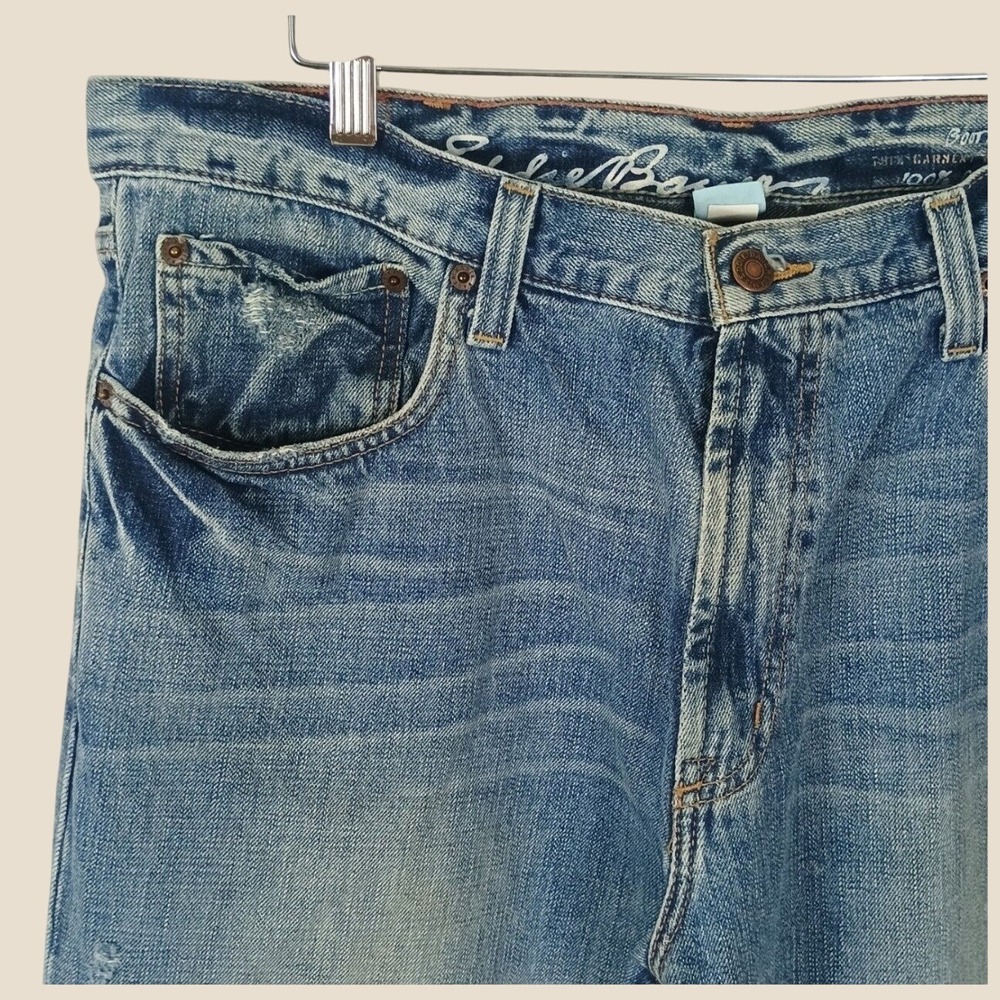 Eddie Bauer Bootcut Jeans Mens 36x30 Blue Denim Distressed Rugged Seam